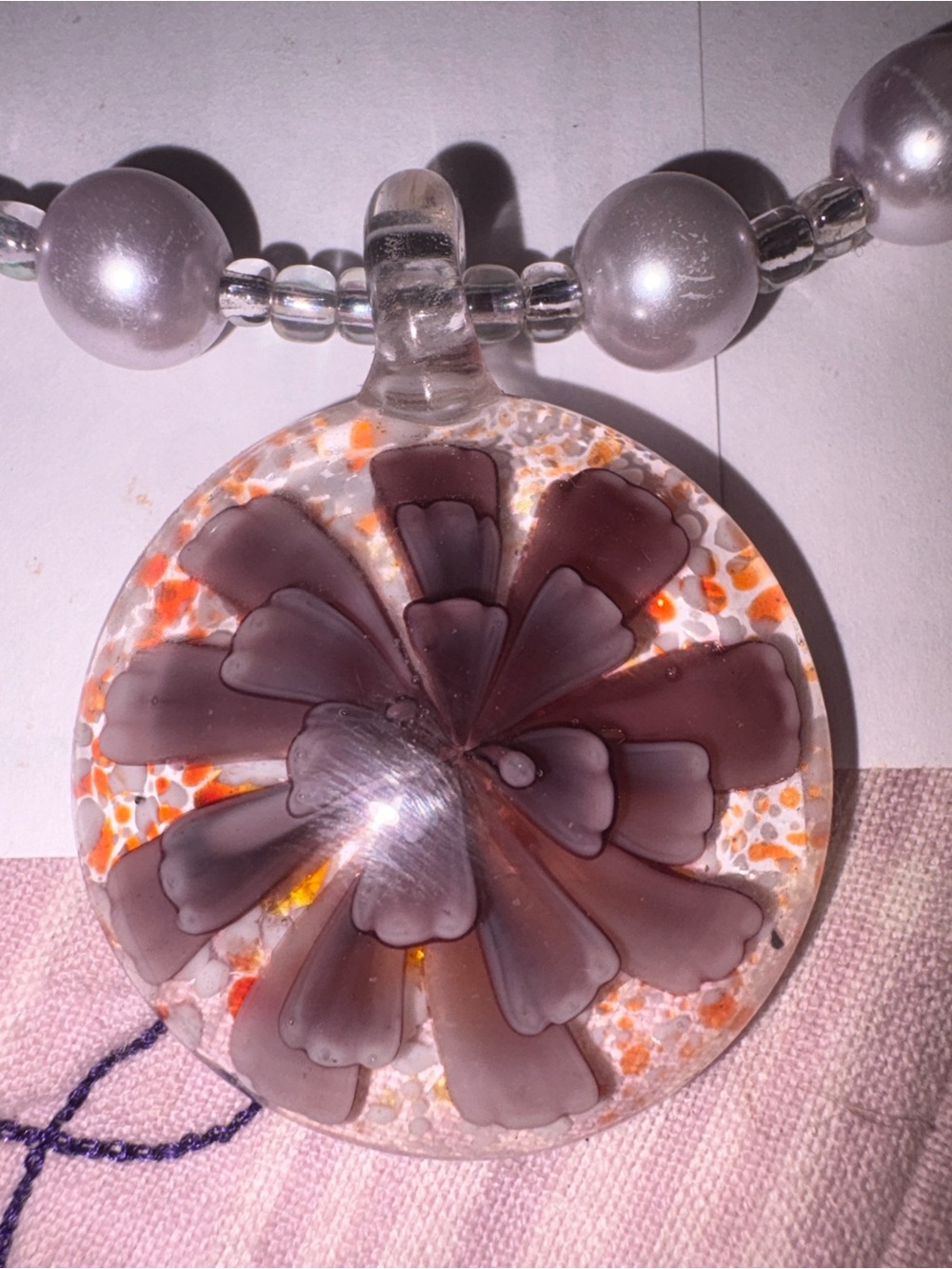 Handmade Pearlized Lilac Beaded Necklace with Floral Resin Glass Pendant - Picture 2 of 7